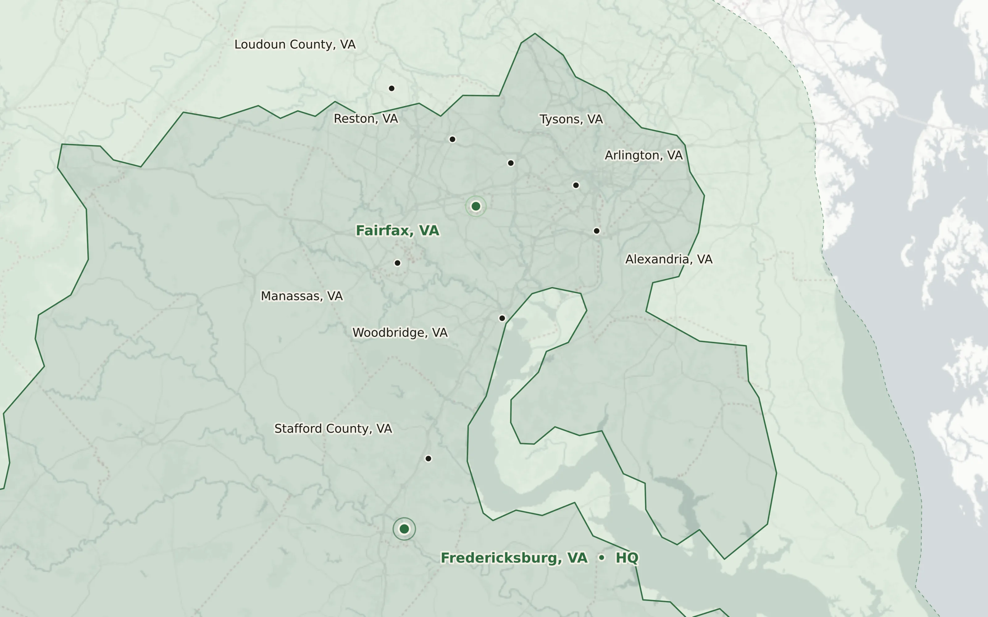 Drive-time coverage map showing TriTechnologies' two-hour radius around Fairfax, VA, with our Fredericksburg-area shop marked.