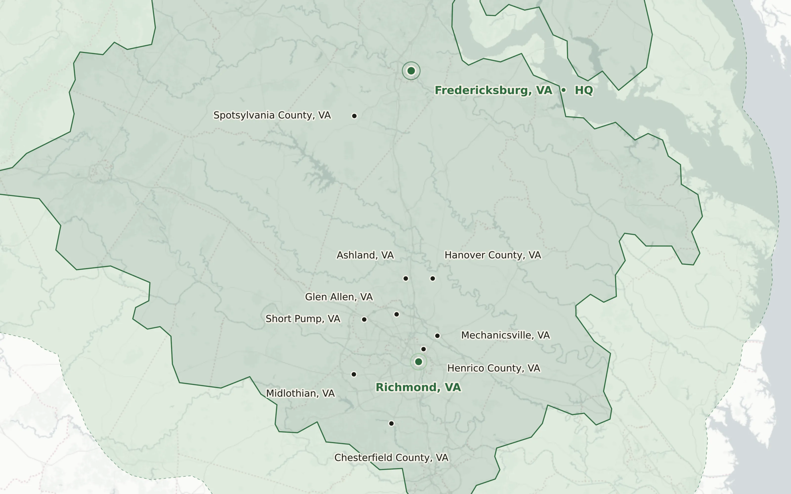 Drive-time coverage map showing TriTechnologies' two-hour radius around Richmond, VA, with our Fredericksburg-area shop marked.